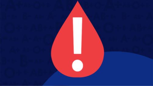 Red blood drop with an exclamation point on blue background