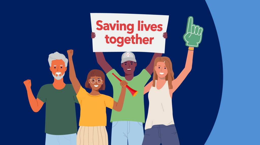 Four people holding Saving Lives Together sign